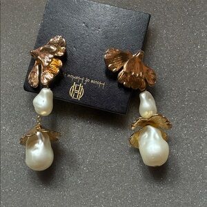House of Harlow 1960 Gold Floral Drop Earrings with Pearl Drops